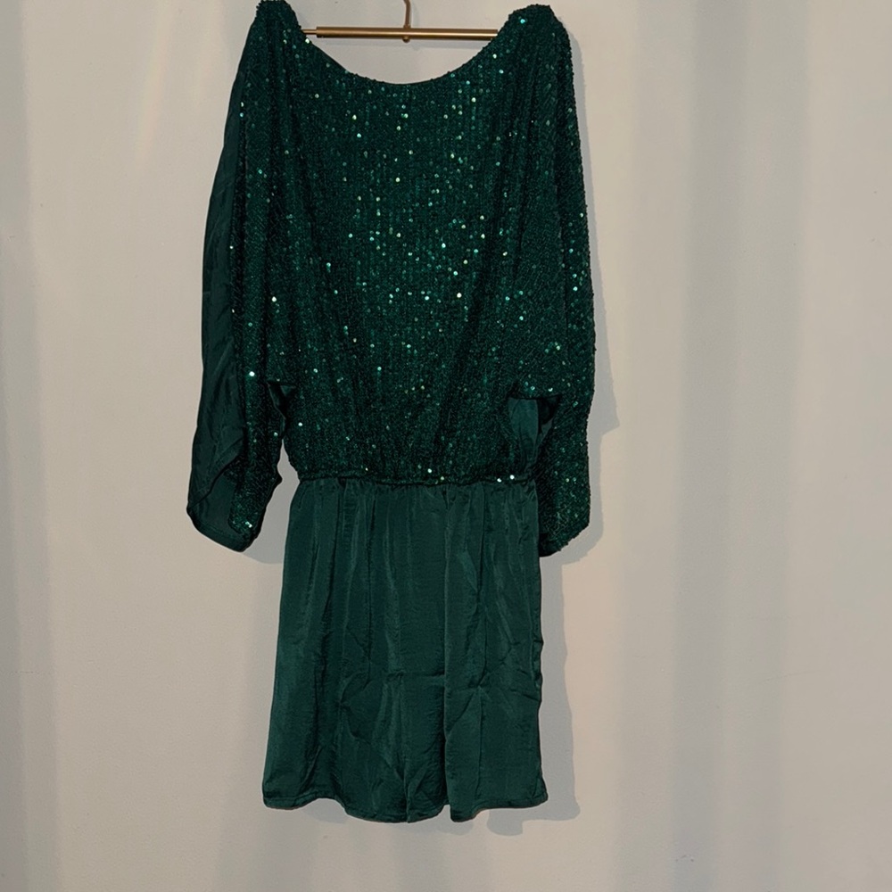 Emerald Green Sequin Ruched Dolman Sleeve Dress